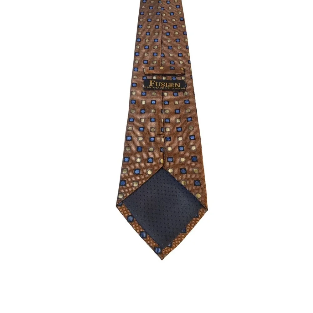 Fusion Handmade Neckwear Bronze Blue Men's Neck Tie‎ 100% Silk Geometric Luxury